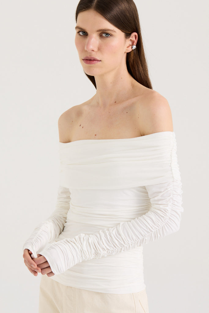 ◆ETRE AU SOMMET ◆ Shirring Off Shoulder Long Sleeve Top Ch Textured Off Shoulder Top– ASTR the Label