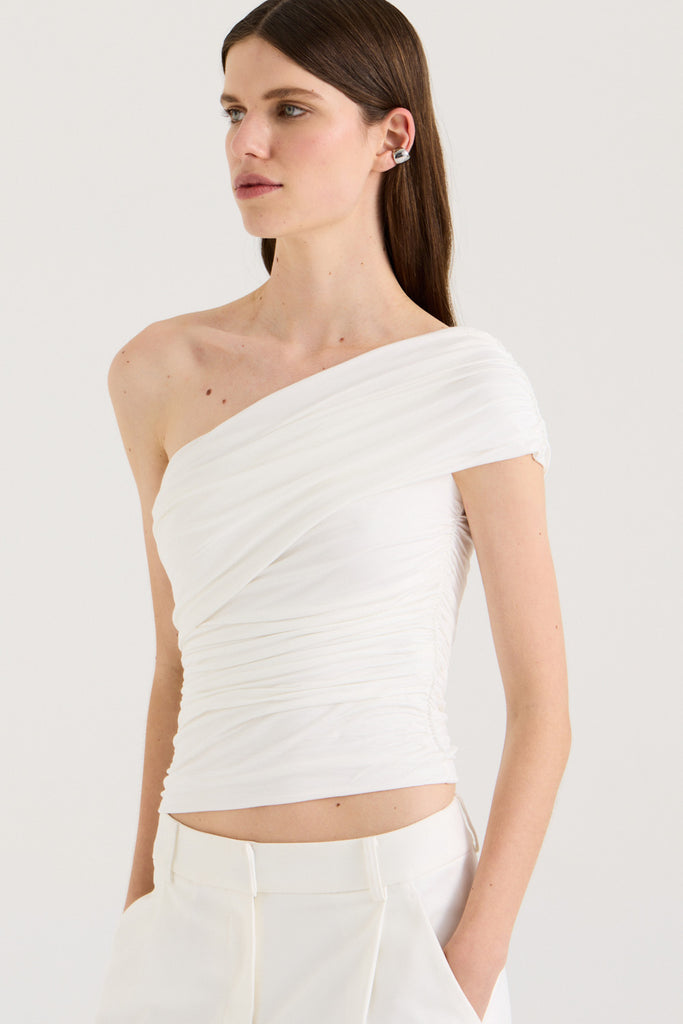 Draped Top Cream Colored Off The Shoulder Top Selena Cold Shoulder