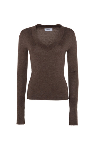 A chocolate long sleeve top on a white background