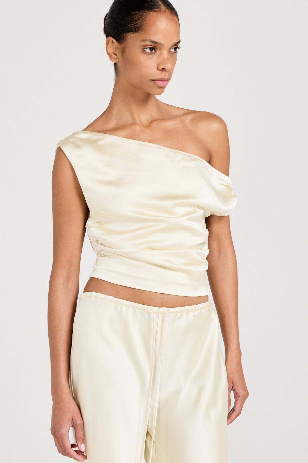 white satin off the shoulder top