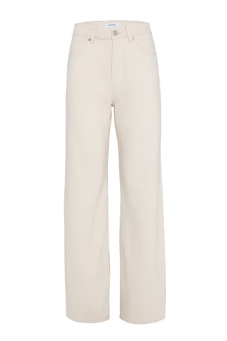 Ecru straight leg and high rise jeans on a white background