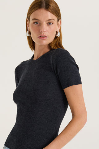 Model wearing a charcoal t-shirt on a white background
