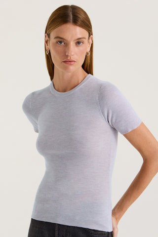 Model wearing a light grey fitted t-shirt on a white background