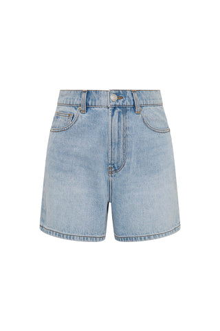 Light blue denim shorts on a white background