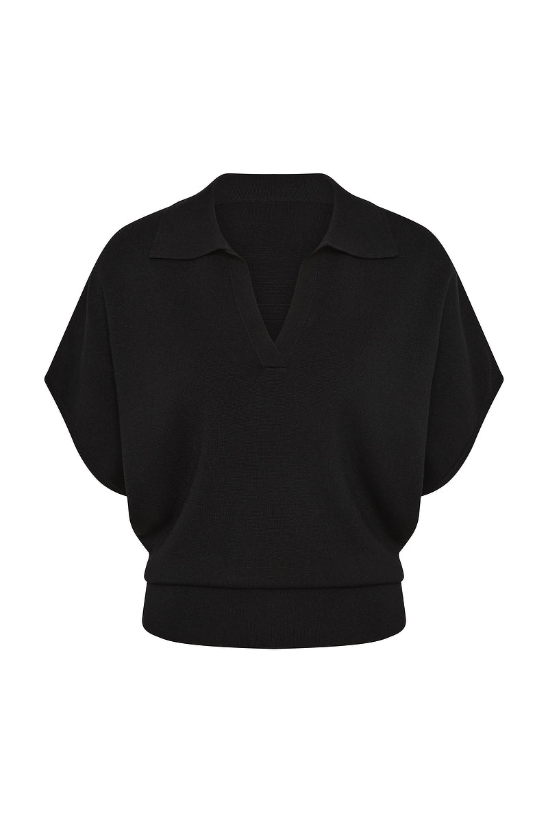トップス ZOE polo short sleeve / black Zeya Polo Top | Black Collar Knit T-Shirt | Henne