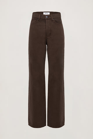 Chocolate straight leg jeans on a white background