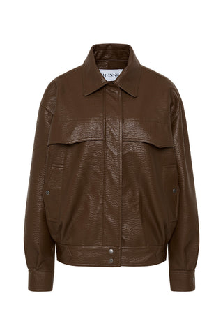A brown leather effect jacket on a white background