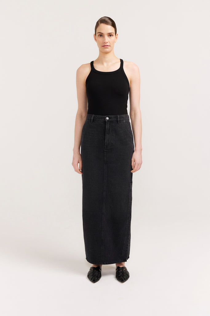 Vincenza Skirt | Black Denim Midi Skirt | Henne