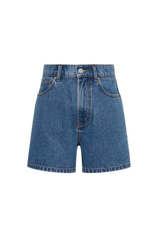 Indigo denim shorts on a white background