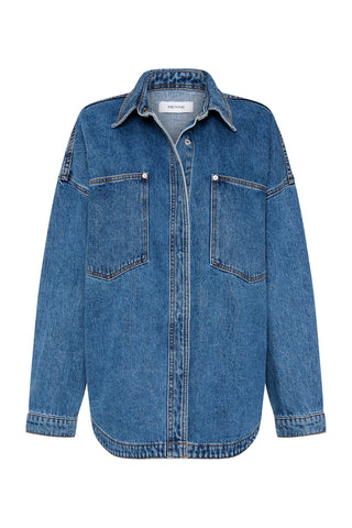 Indigo blue denim shirt jacket on a white background