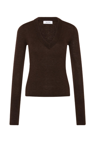 Chocolate long-sleeve, V-Neck top on a white background