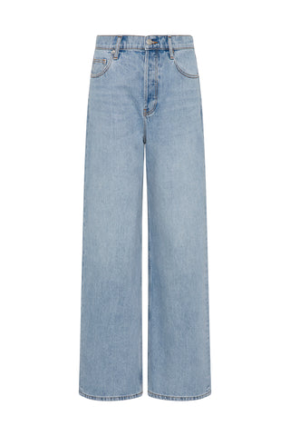Light wash, wide leg and low rise jeans on a white background
