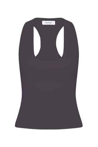 A steel-coloured tank top against a white background.