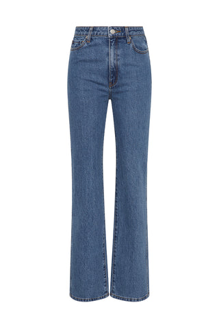 Indigo wash high rise, straight leg jeans on a white background