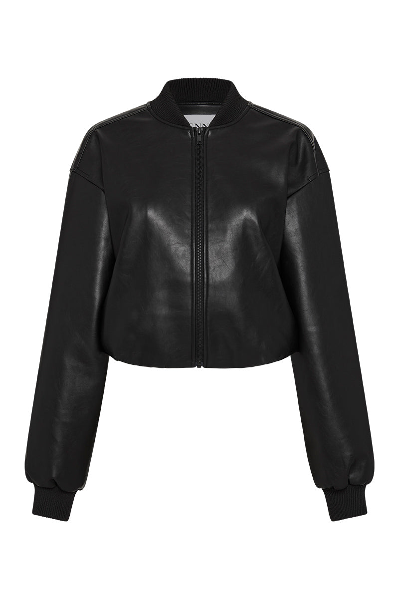 Mara Bomber Black Leather Bomber Jacket Henne - Main Image