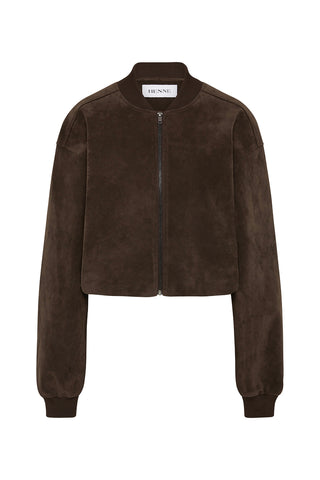 Chocolate suede effect jacket on a white background