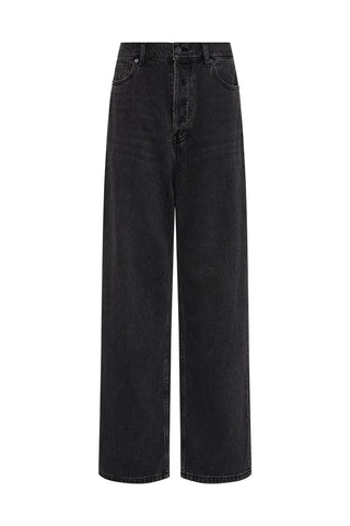 Black wash Jeans, with a high rise and straight leg, on white background.
