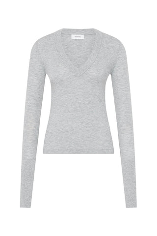 A grey long sleeve V-neck top on a white background