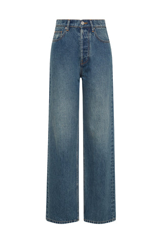Veiled blue wash high-rise, straight-leg jeans on a white background.
