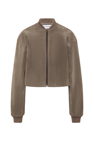 A grey suede effect bomber jacket on a white background