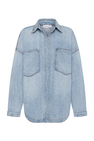 Light blue denim jacket on a white background