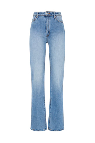 High waisted slim fit blue denim jean on a white background