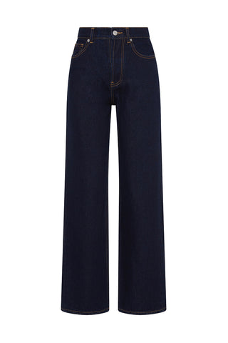 Dark Indigo, high rise, straight leg jeans on white background.