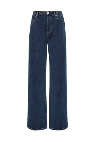 Indigo wide leg and low rise Jeans on a white background 