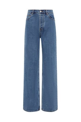 Indigo wash Jeans, with a high rise and straight leg, on white background.
