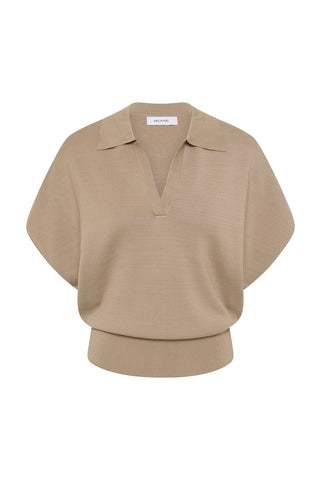 A taupe loose-fitting short-sleeve collared top on a white background.