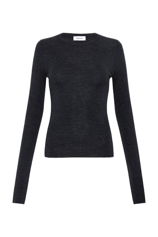 Charcoal long sleeve merino wool top on a white background 