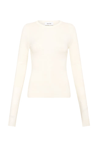Cream long sleeve merino wool top on a white background