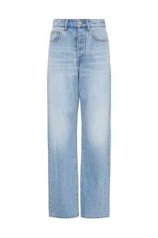 Lightwash Jeans, with a high rise and straight leg, on white background.